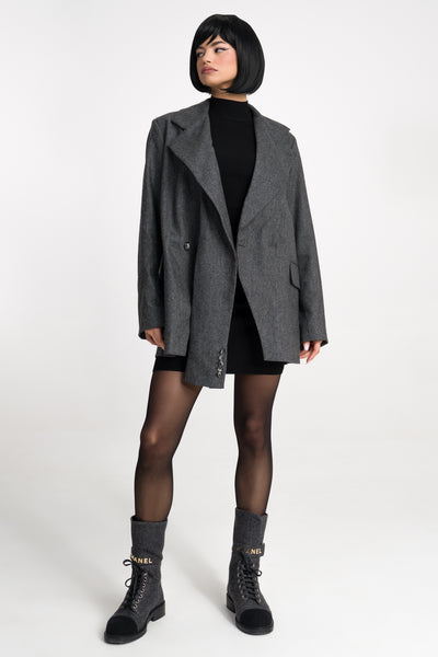 'Jade' Grey Deconstructed Lapels Oversized Wool Blazer