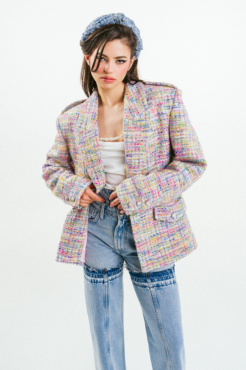 'DAIANA' Rainbow Tweed Structured Oversized Blazer