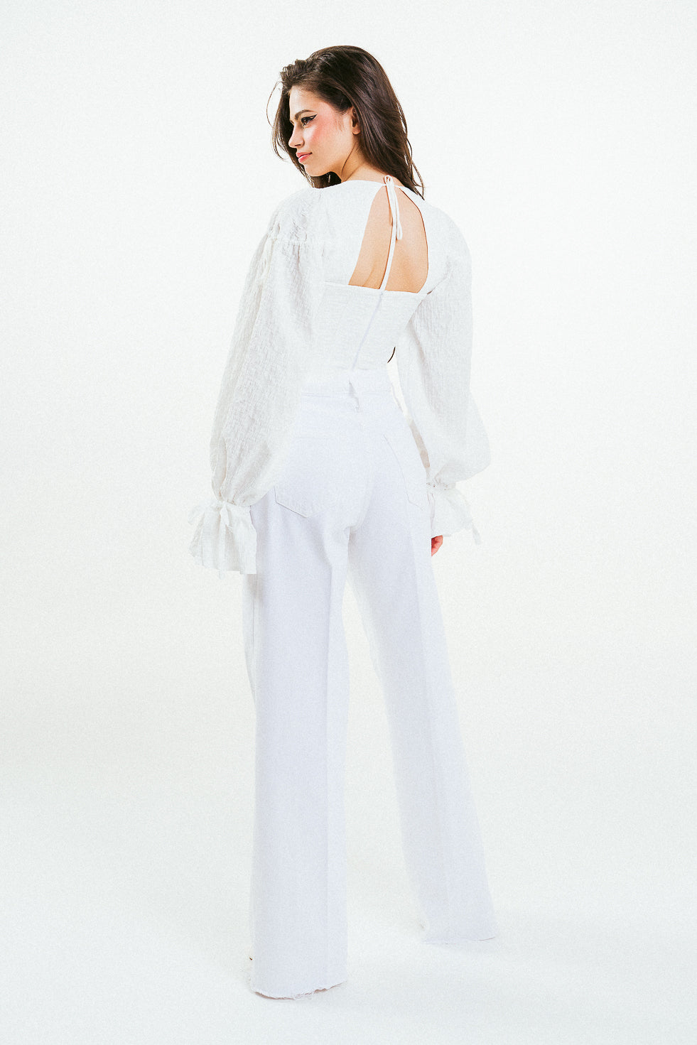 'JENNA' Cropped Corset White Textured Cotton Blouse