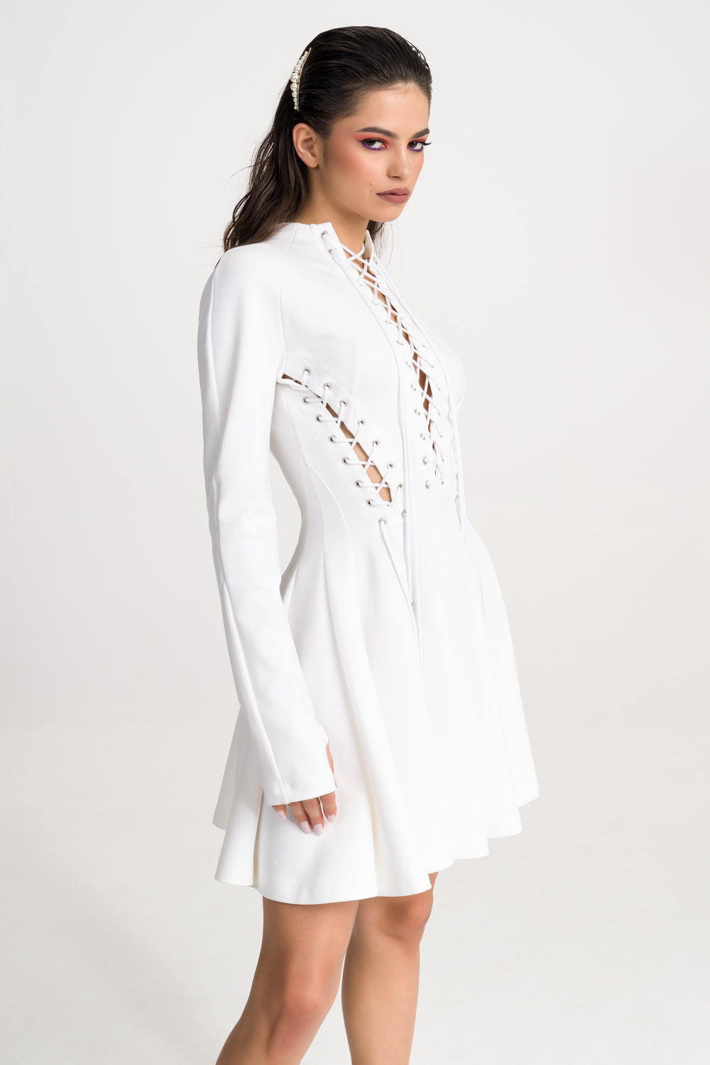 ‘Kendall’ Lace-Up Ruffled White Stretch-Jersey Mini Dress