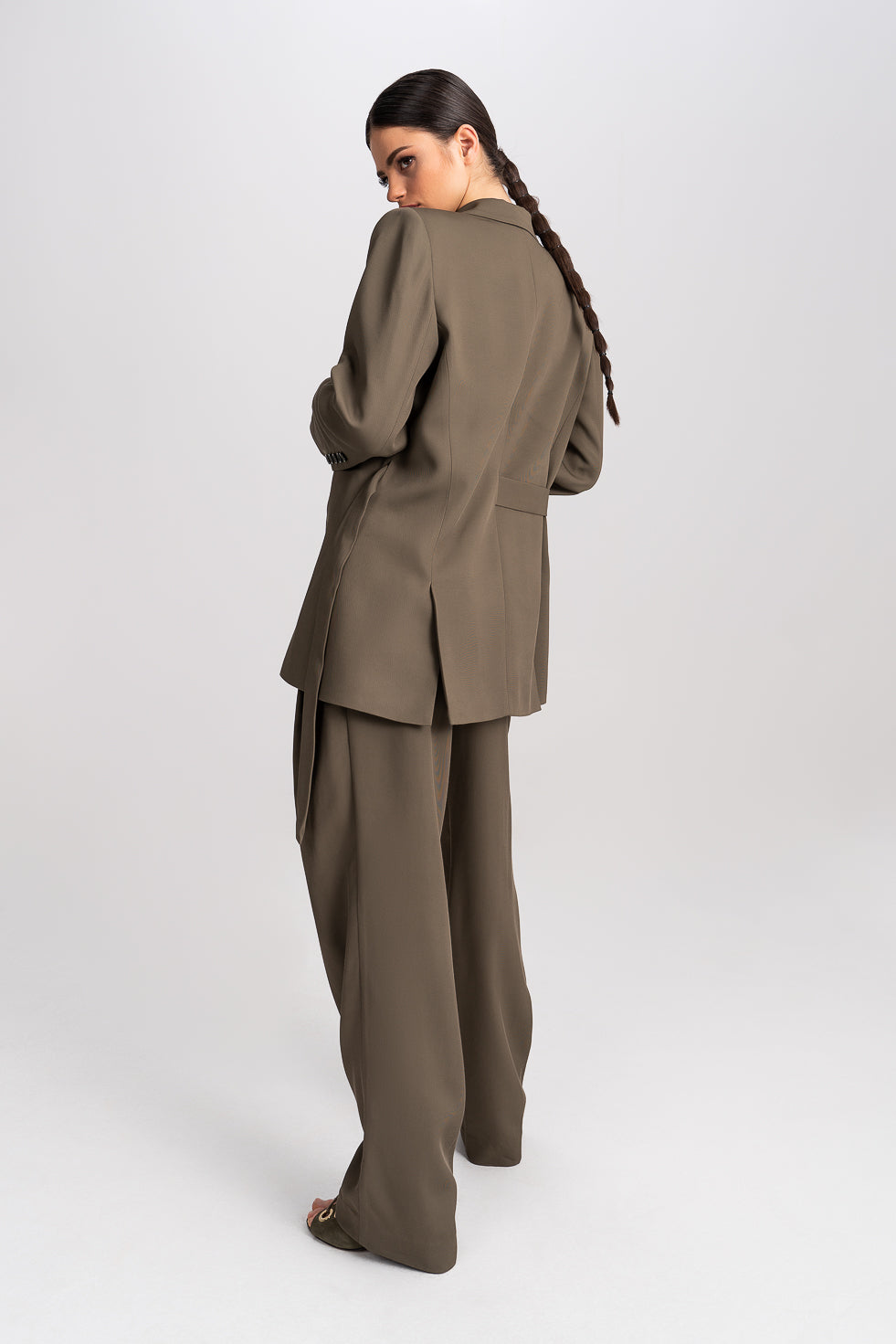 'Zahra' Khaki Pleated Wide-leg Trousers