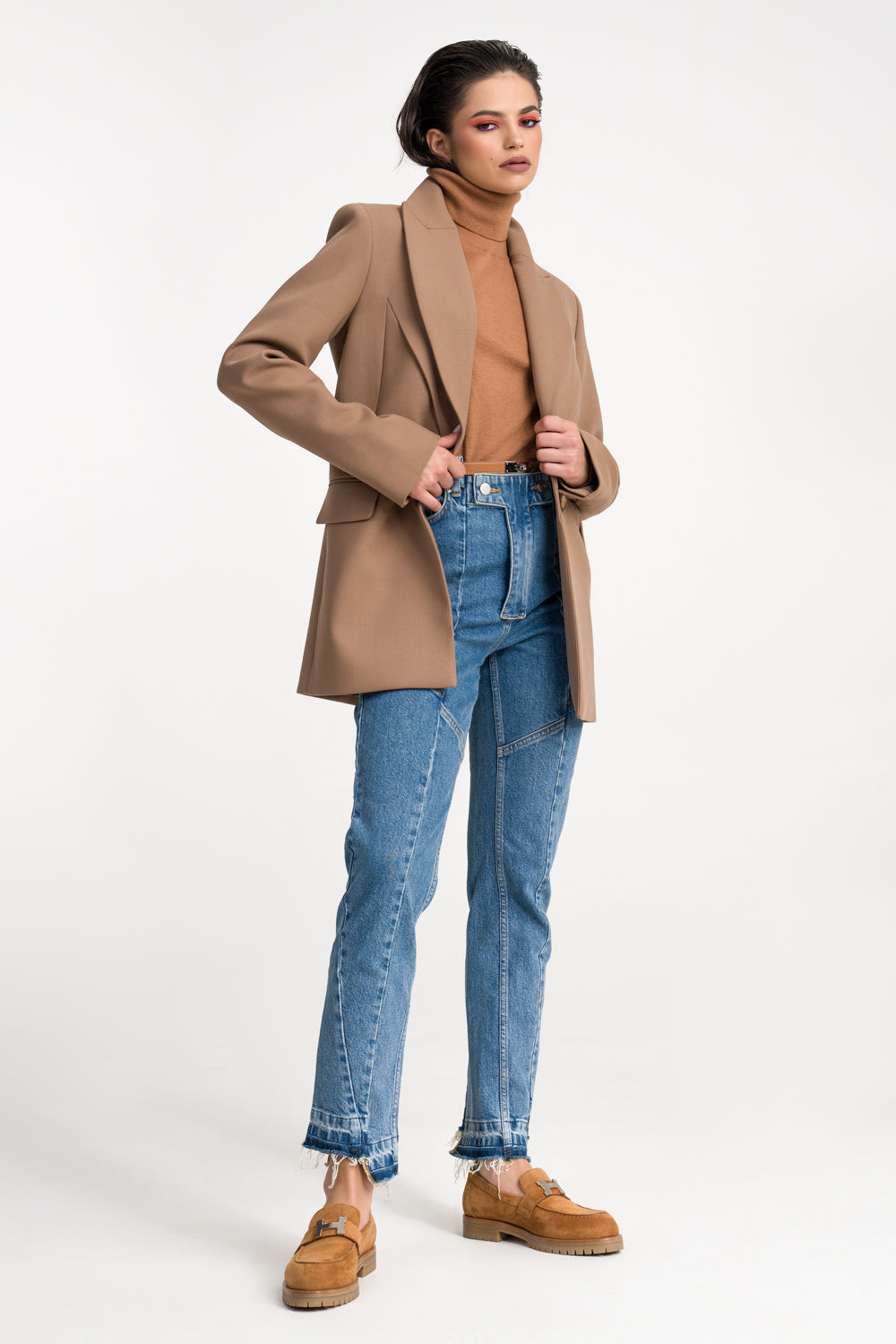 'Eliza' Caramel Draped Wool-Blend Structured Blazer