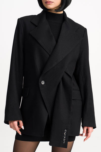 'Jade' Black Deconstructed Lapels Oversized Wool Blazer