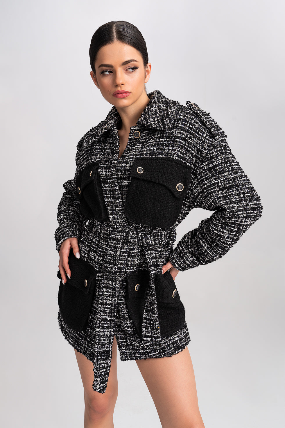 'Fay' Belted Tweed Contrast Jacket