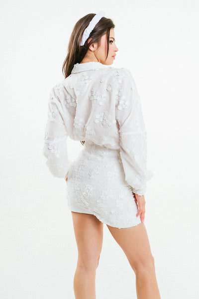 'ADELINE' White 3D Flower Embroidered Cotton Shirt