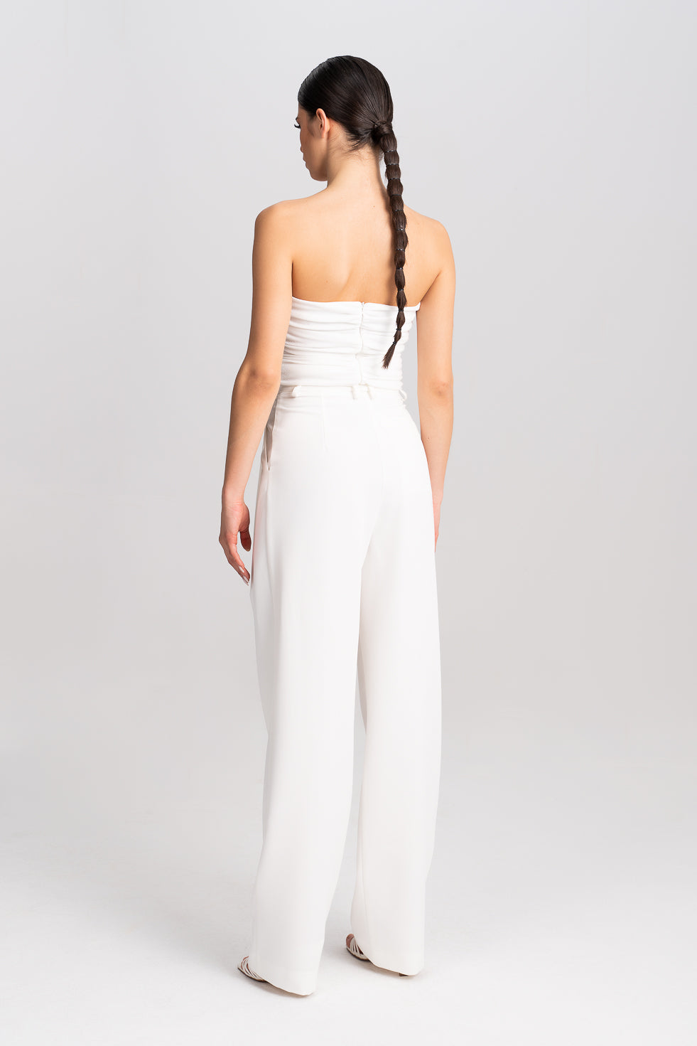 'Zahra' White Pleated Wide-leg Trousers
