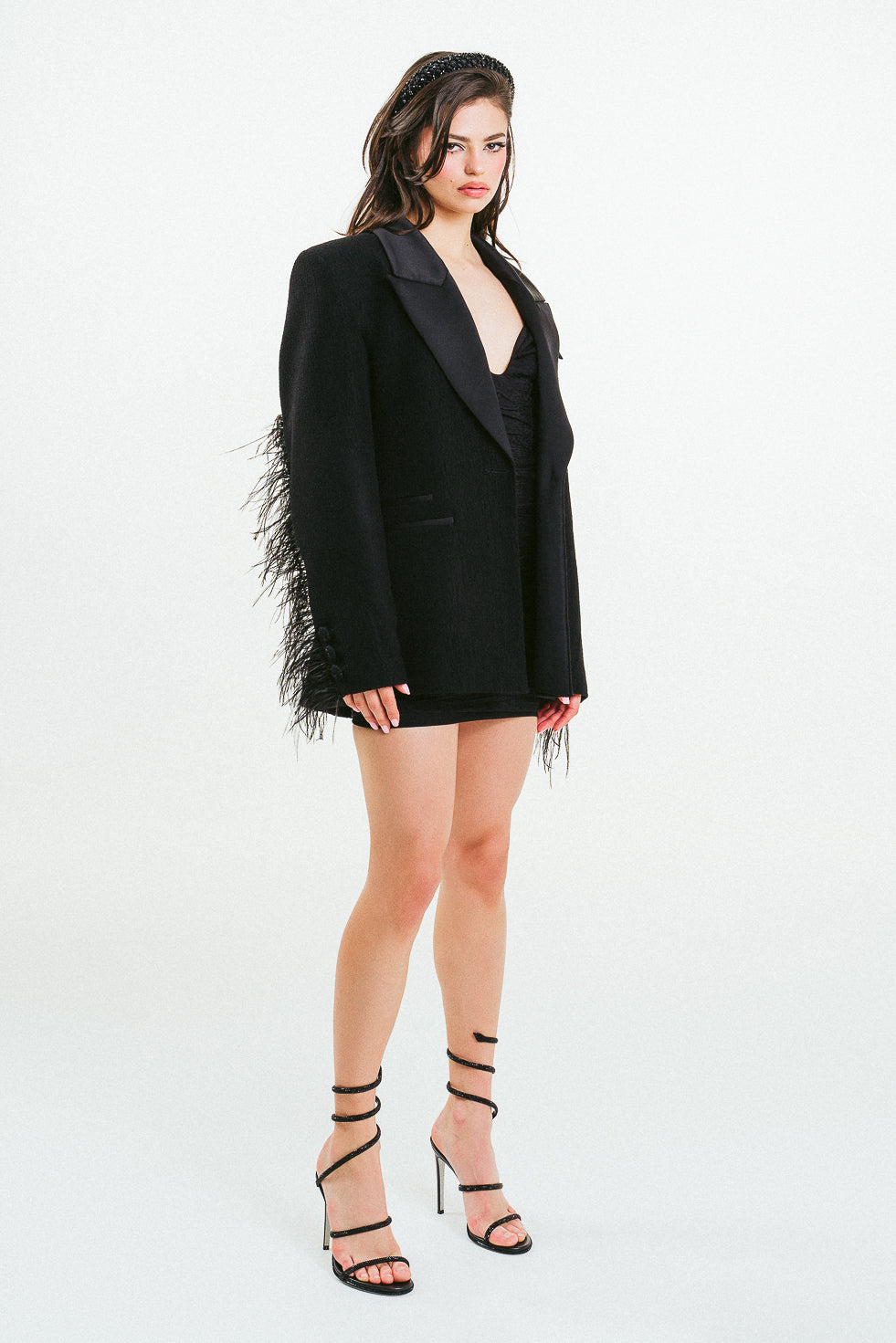 'HAILEY' Oversized Black Wool-Silk Feather-Trimmed Blazer