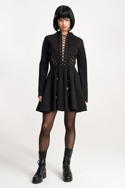 ‘Kendall’ Lace-Up Ruffled Black Stretch-Jersey Mini Dress
