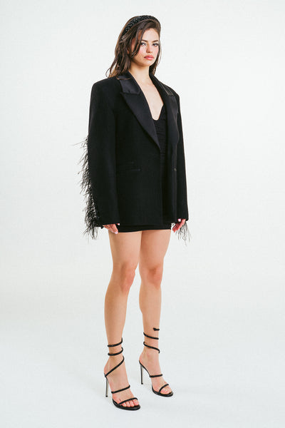 'HAILEY' Oversized Black Wool-Silk Feather-Trimmed Blazer
