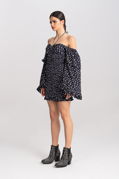 ‘Nella‘ off-the-shoulder shirred mini dress