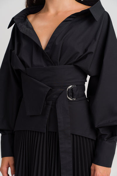 ‘Nura’ Belted Wrap-Effect Pleated Black Skirt